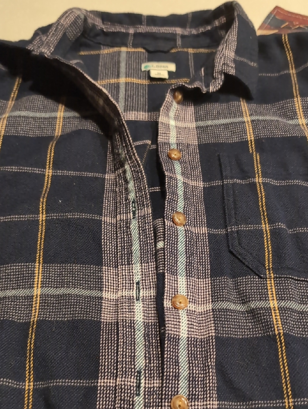 L.L. Bean Navy Plaid Button-Down Shirt with Tan Stripes